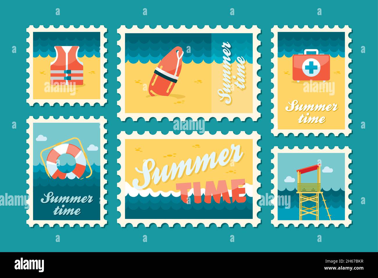 Summertime stamp set flat, vector eps 10 Stock Vector