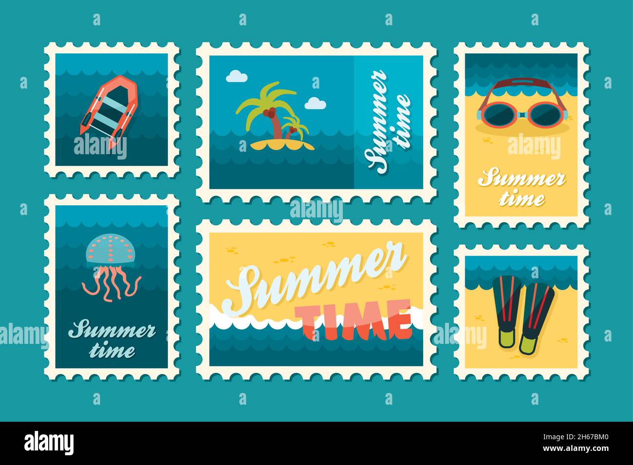 Summertime stamp set flat, vector eps 10 Stock Vector