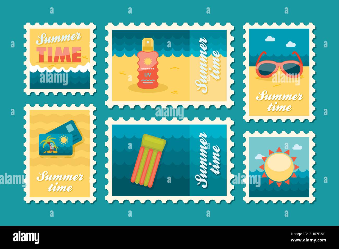 Summertime stamp set flat, vector eps 10 Stock Vector