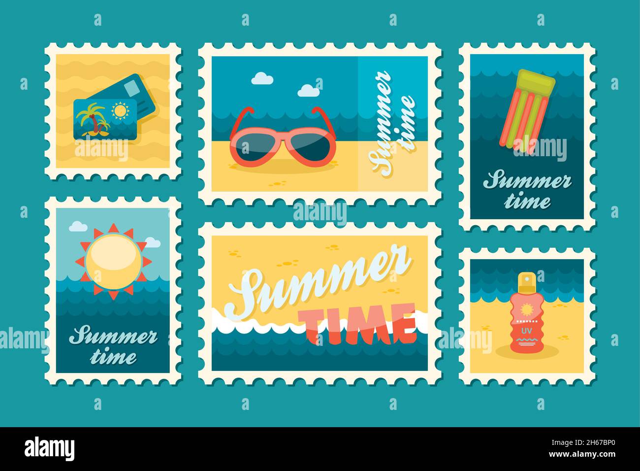 Summertime stamp set flat, vector eps 10 Stock Vector