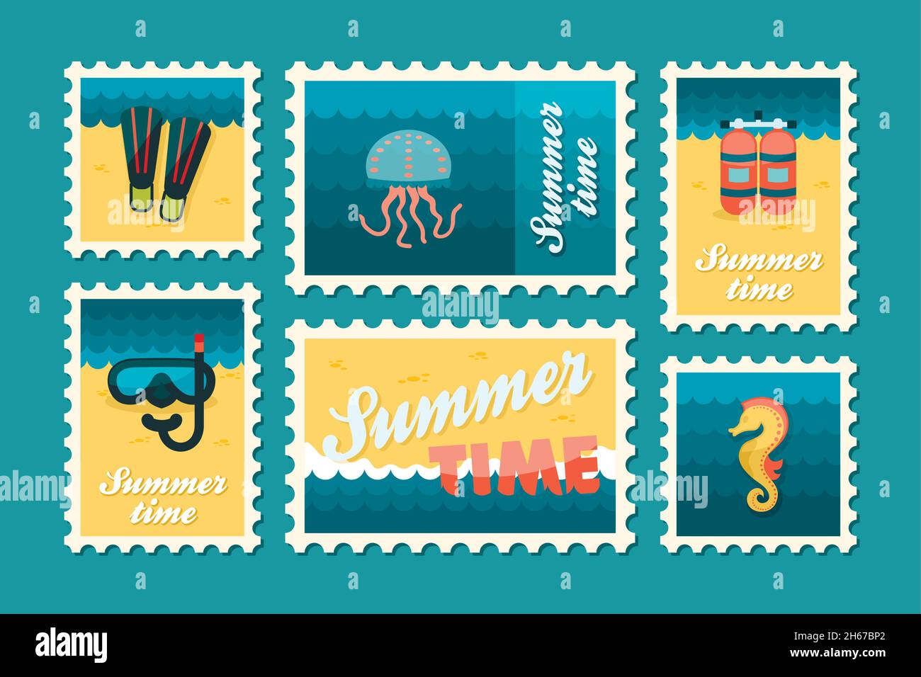 Summertime stamp set flat, vector eps 10 Stock Vector