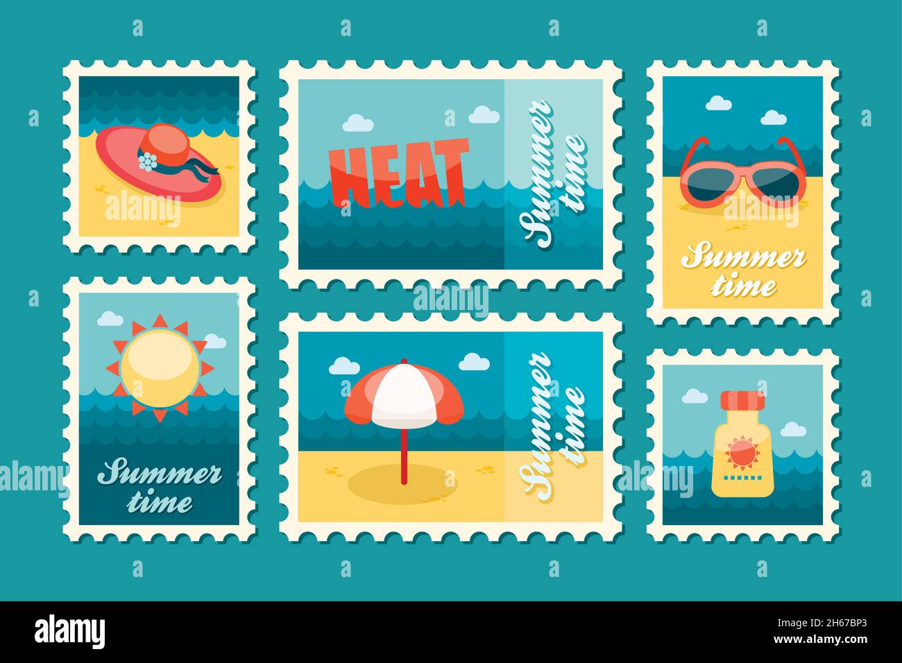 Summertime stamp set flat, vector eps 10 Stock Vector