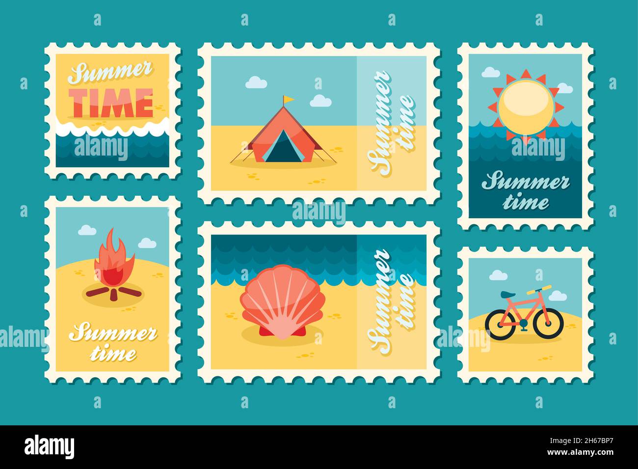 Summertime stamp set flat, vector eps 10 Stock Vector