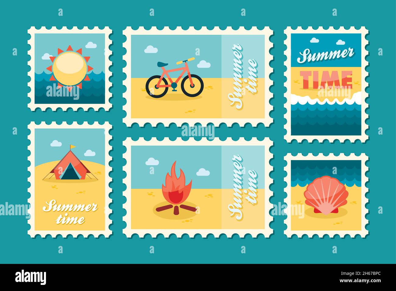 Summertime stamp set flat, vector eps 10 Stock Vector