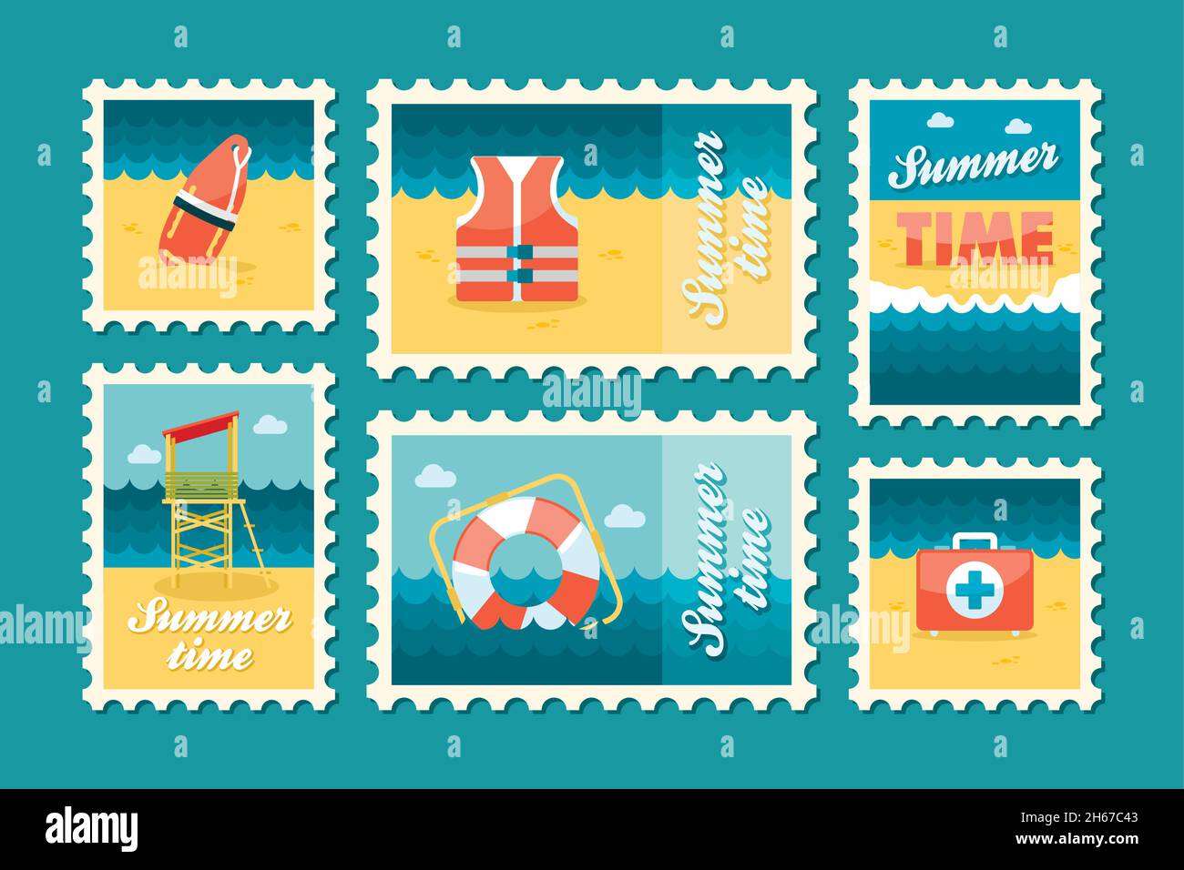 Summertime stamp set flat, vector eps 10 Stock Vector