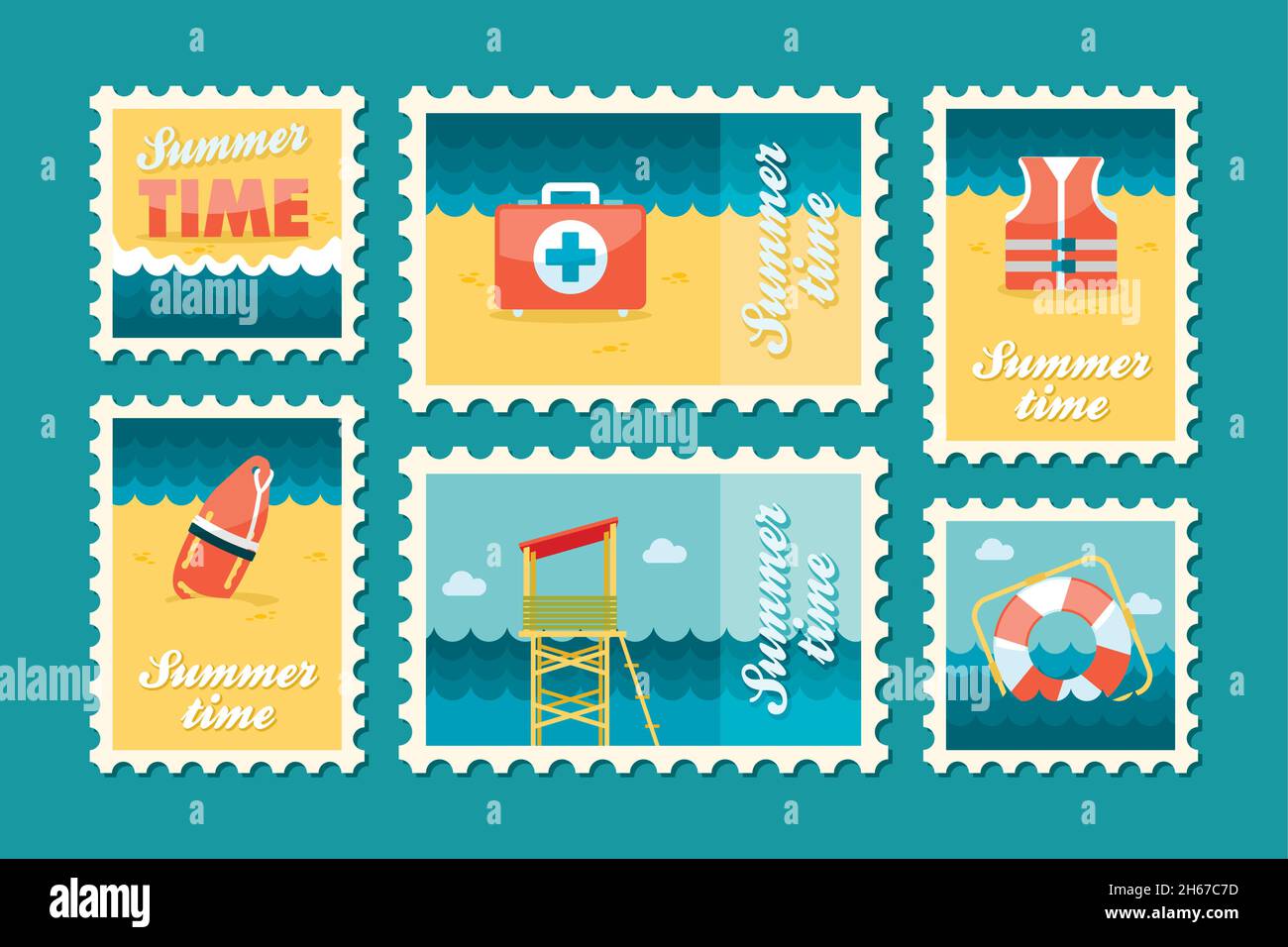 Summertime stamp set flat, vector eps 10 Stock Vector