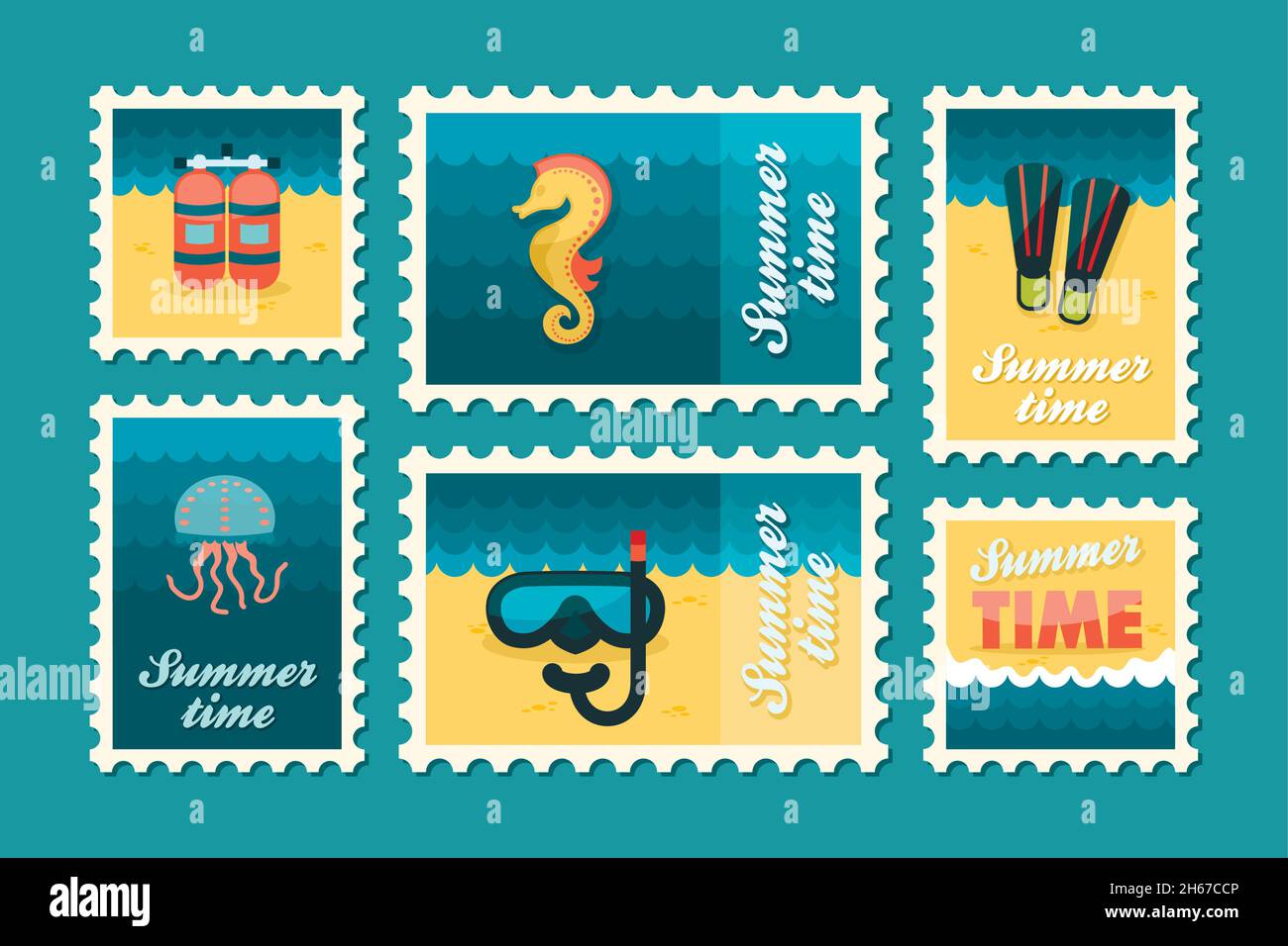 Summertime stamp set flat, vector eps 10 Stock Vector
