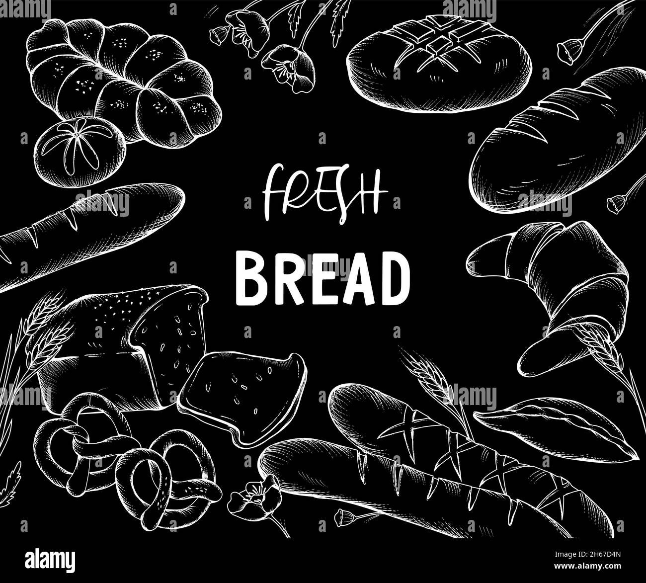 Banner with baked bread in style of chalk hand drawing on black