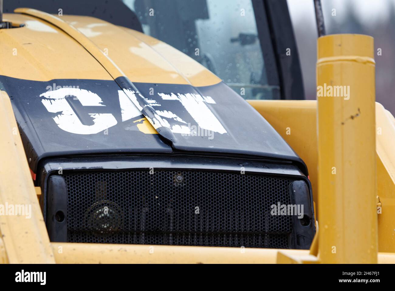 Cat logo on a Caterpillar backhoe hood. Quebec,Canada Stock Photo Alamy