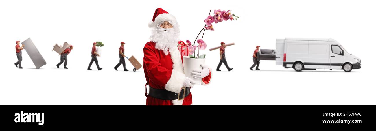Movers putting household items in a van and santa claus holding a flower pot isolated on white background Stock Photo