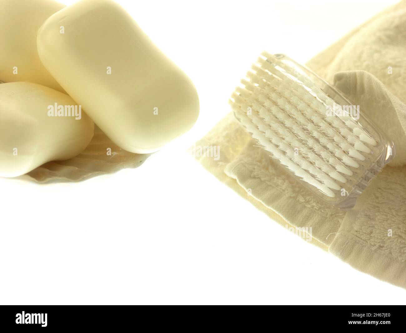 Coronavirus disease, COVID-19, close-up still life of handwashing implements (soap / flannel / nailbrush) to promote infection control Stock Photo