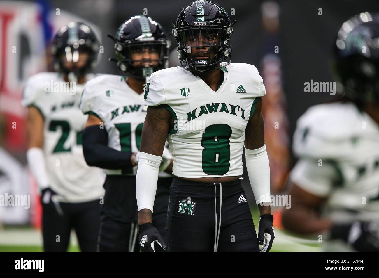 November 13, 2021: Hawaii Warriors defensive back Eugene Ford (8) warms-up prior to the start of the NCAA football game featuring the Hawaii Warriors and the UNLV Rebels at Allegiant Stadium in Las Vegas, NV. Christopher Trim/CSM/Sipa USA.(Credit Image: © Christopher Trim/CSM/Sipa USA) Stock Photo