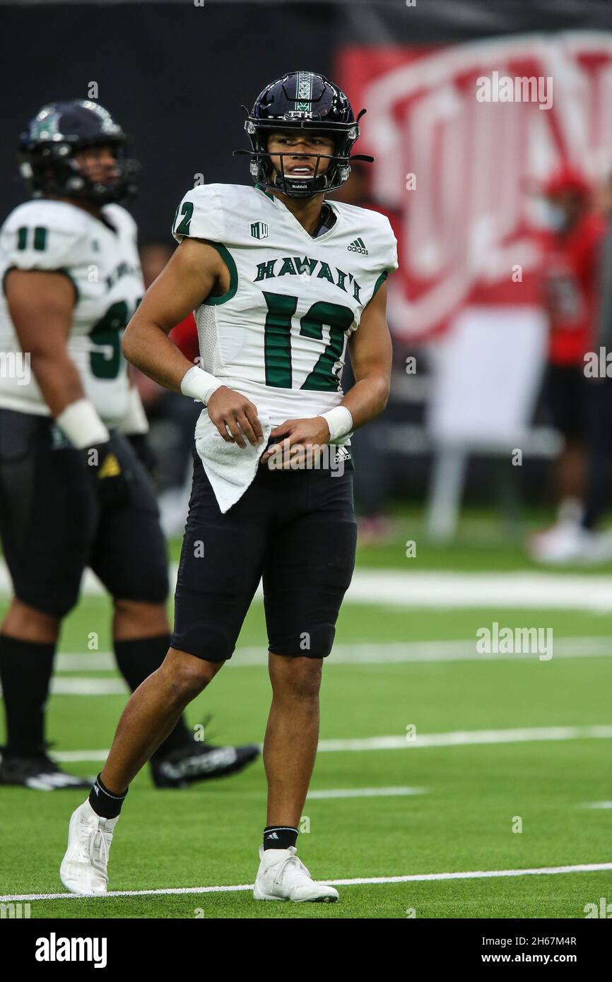 November 13, 2021: Hawaii Warriors quarterback Chevan Cordeiro (12) warms-up prior to the start of the NCAA football game featuring the Hawaii Warriors and the UNLV Rebels at Allegiant Stadium in Las Vegas, NV. Christopher Trim/CSM/Sipa USA.(Credit Image: © Christopher Trim/CSM/Sipa USA) Stock Photo