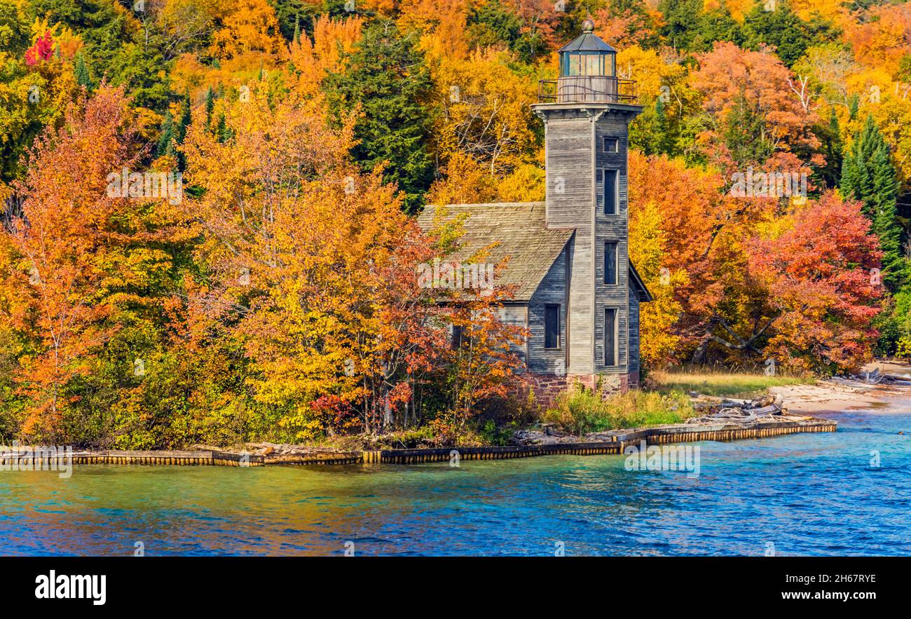 Picture Rock Boat Cruise; Munising, Michigan; East Channel Lighthouse on Grand Island Stock Photo
