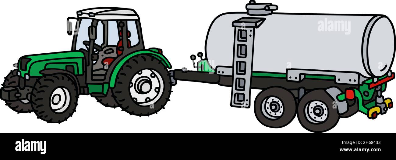 The vectorized hand drawing of a green tractor with a steel tank