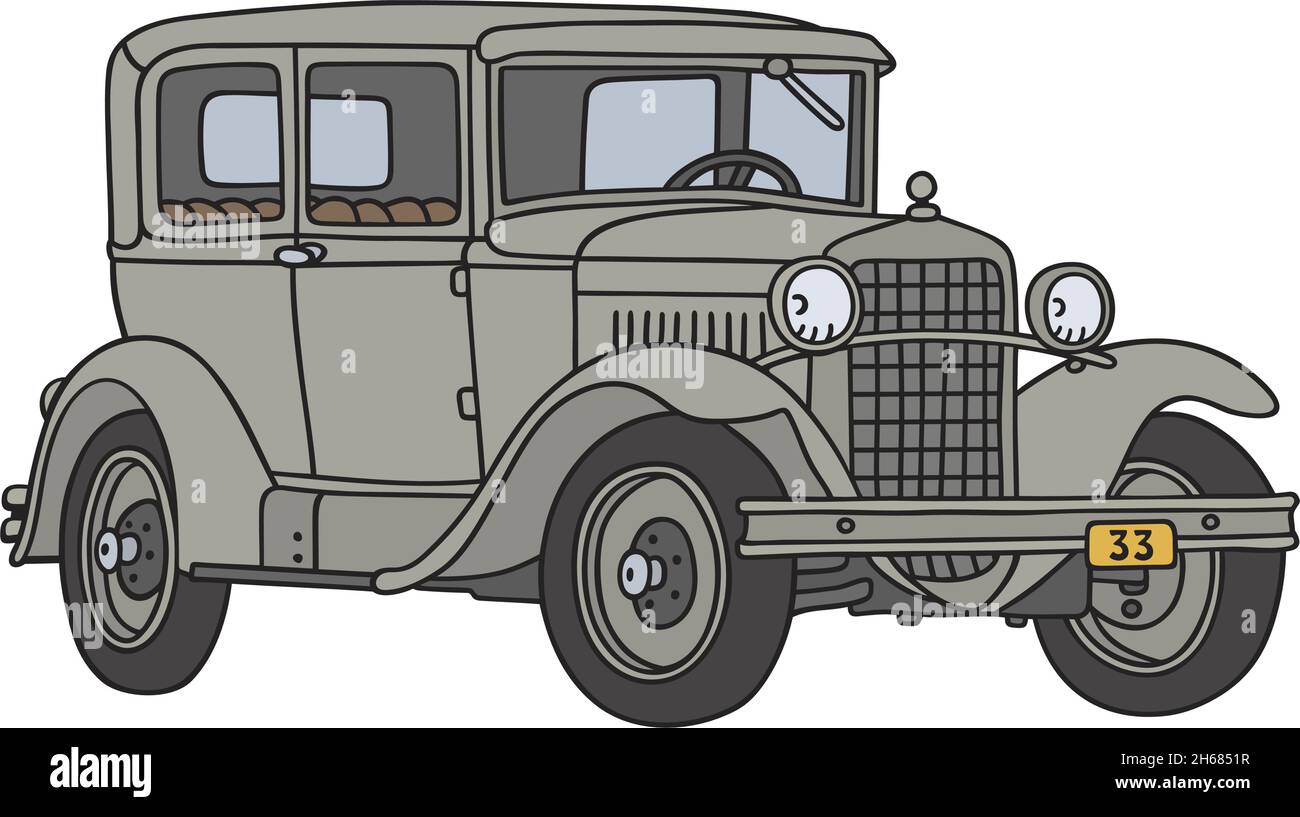 The vectorized hand drawing of a vintage gray sedan Stock Vector