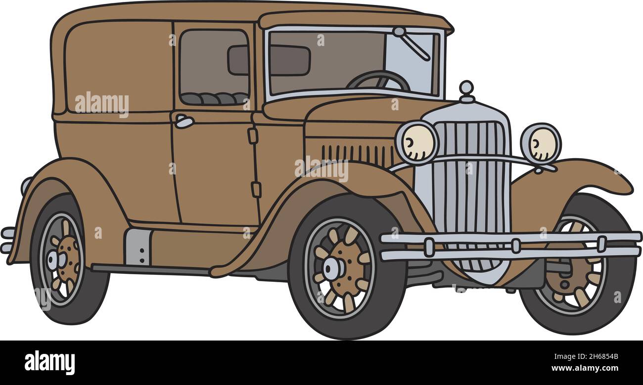 The vectorized hand drawing of a vintage brown delivery car Stock Vector