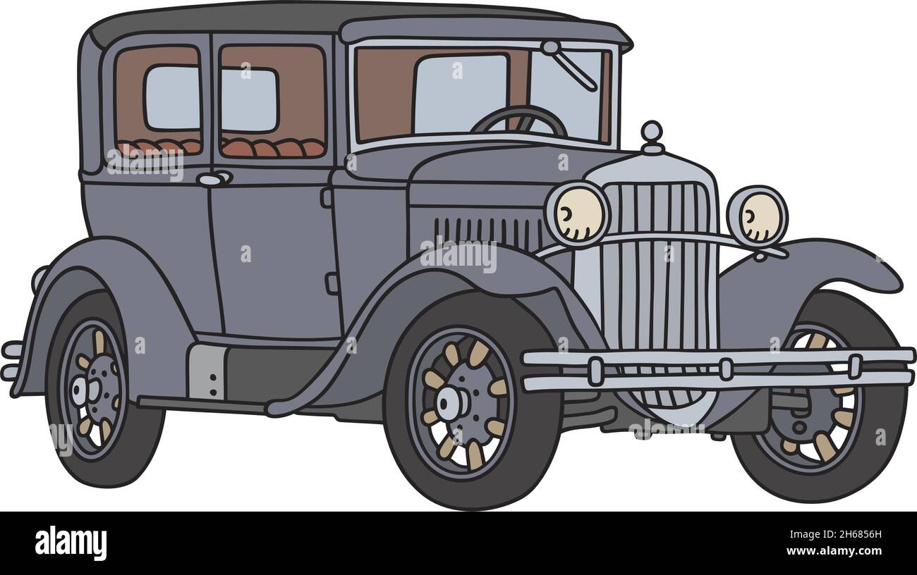 The vectorized hand drawing of a vintage gray car Stock Vector