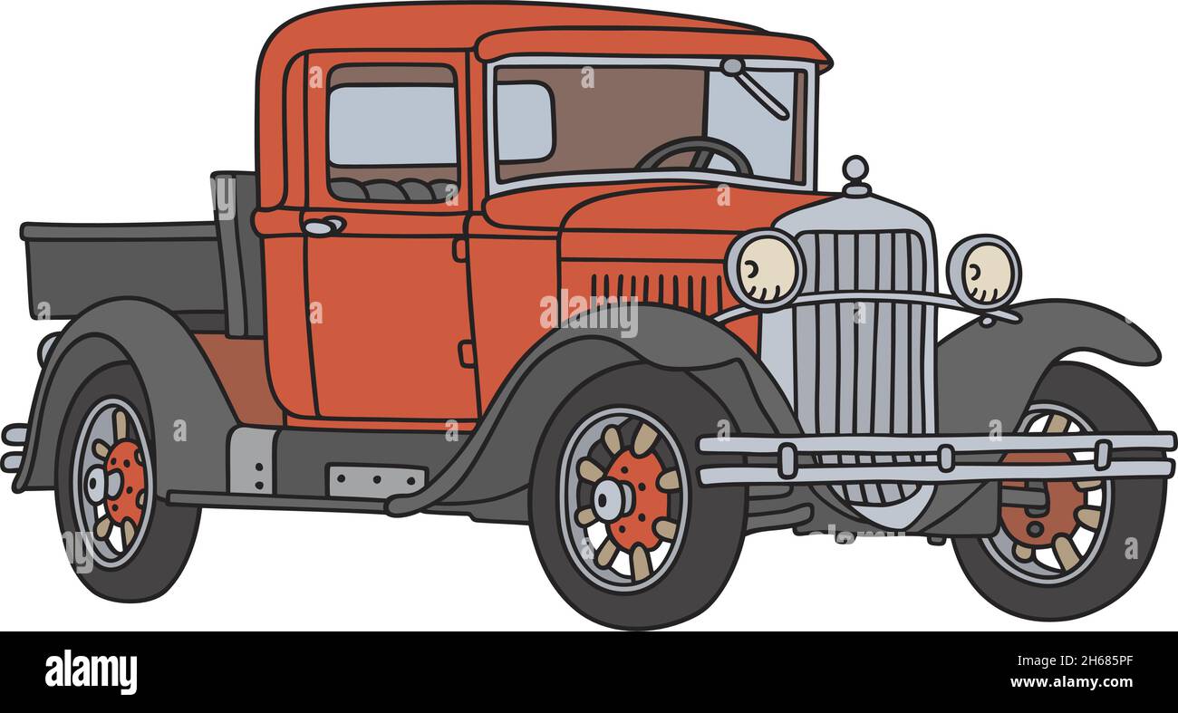 The vectorized hand drawing of a vintage black and red truck Stock Vector