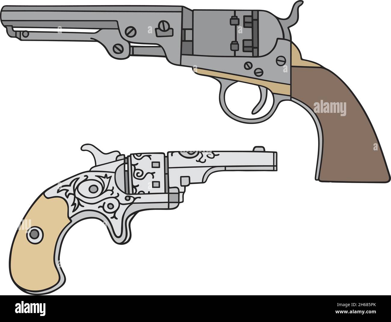 The vectorized hand drawing of old big and small american handguns Stock Vector