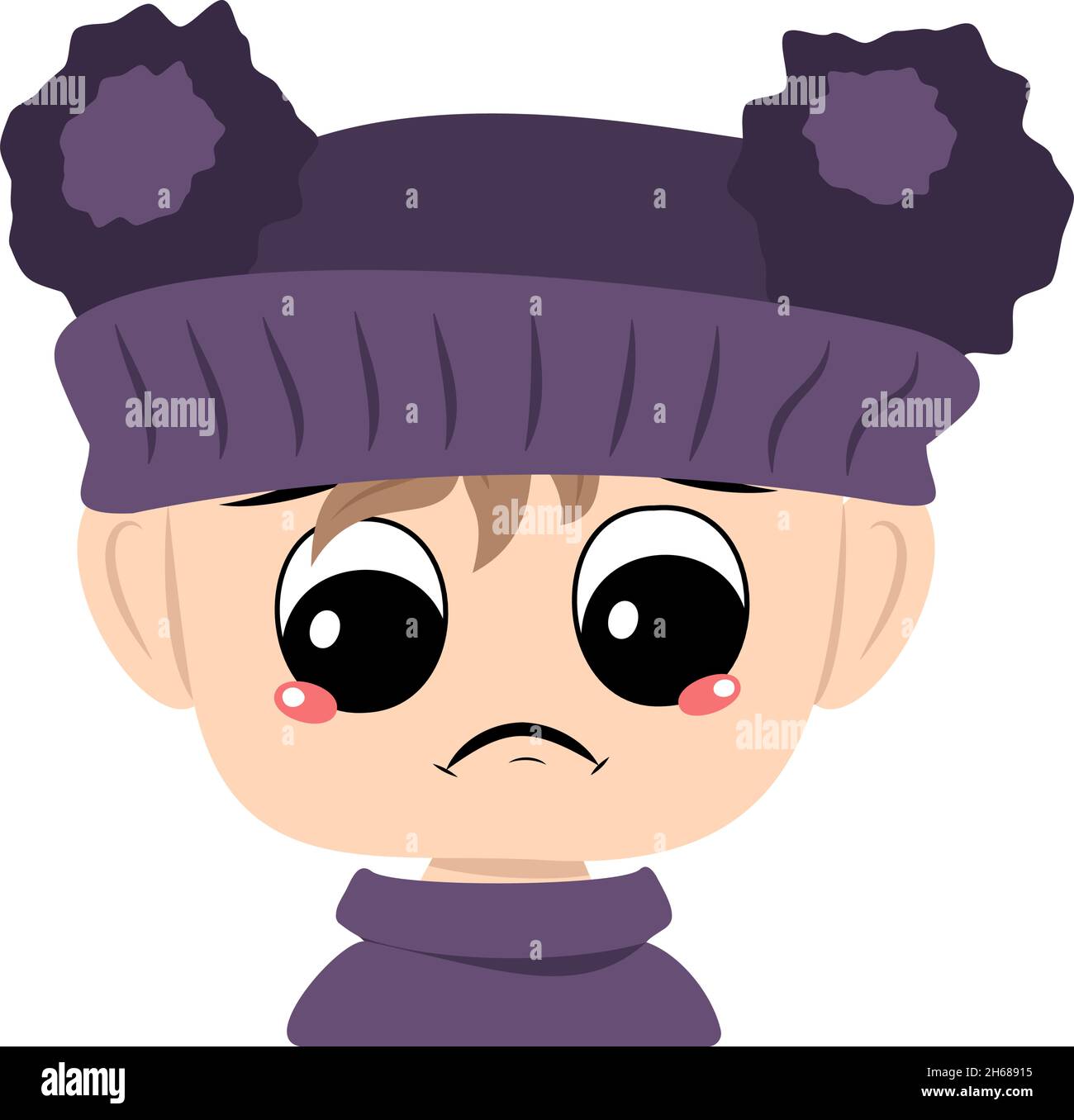 Child with sad emotions, depressed face, down eyes in violet hat with pom pom. Head of toddler with melancholy expression Stock Vector