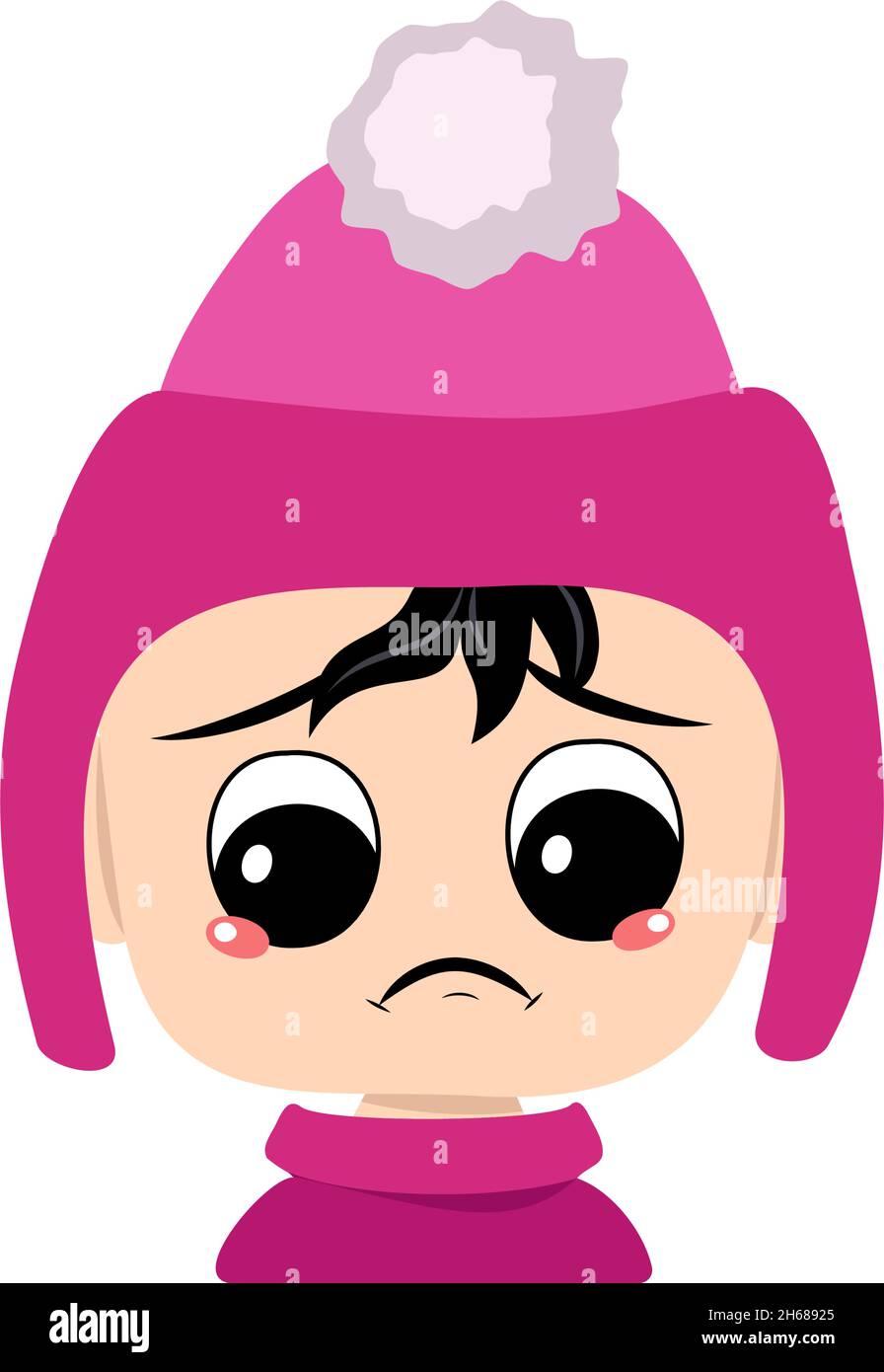 Baby with sad emotions, depressed face, down eyes in pink hat with pom