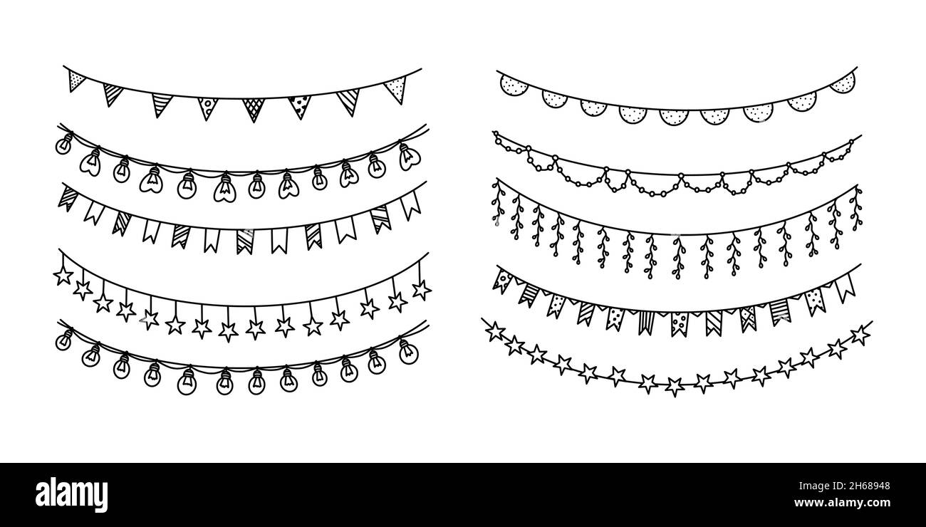 Garlands with flags, bulbs and stars for carnival or celebration. Set