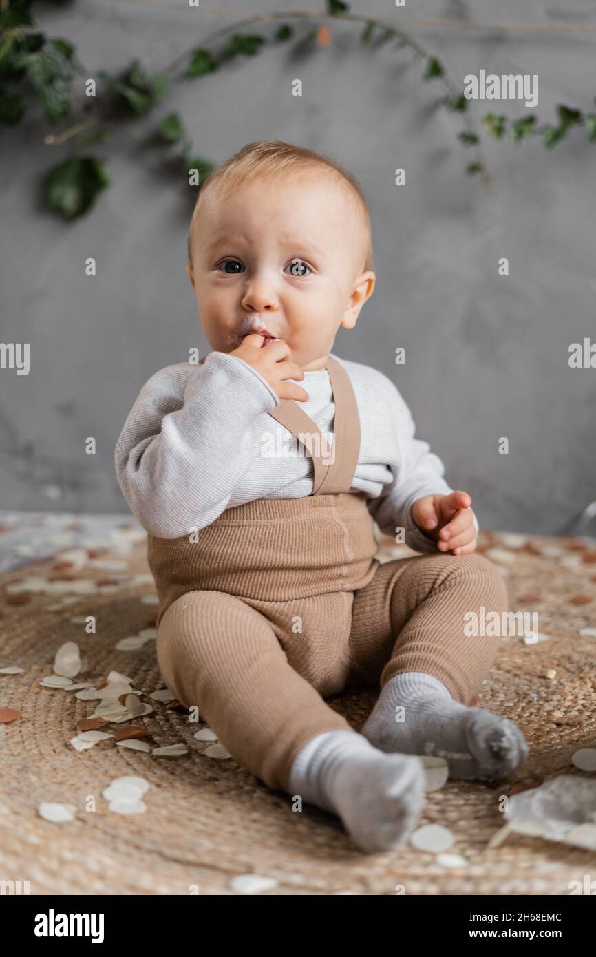 Portrait of a one-year-old toddler sitting on the floor, licking his finger with cream. First birthday of a toddler. Stock Photo