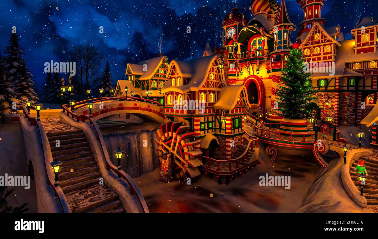 3D illustration Christmas Snowing Village,Santa Claus castle Stock