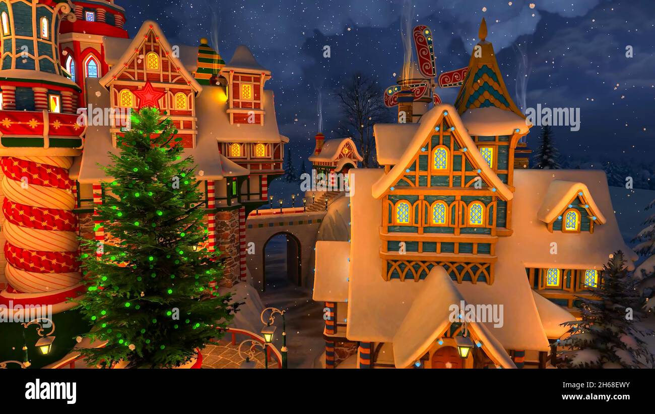3D illustration Christmas Snowing Village,Santa Claus castle Stock
