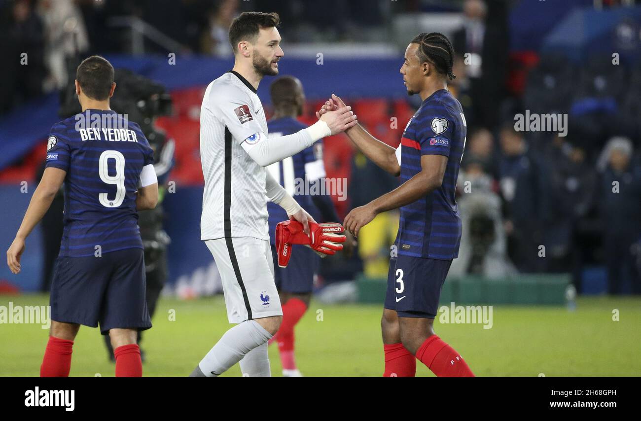Goalkeeper of France Hugo Lloris, Jules Kounde celebrate the victory and the qualification for the World Cup in Qatar following the FIFA World Cup 2022, Qualifiers Group D football match between France and Kazakhstan on November 13, 2021 at Parc des Princes, Paris, France - Photo: Jean Catuffe/DPPI/LiveMedia Stock Photo