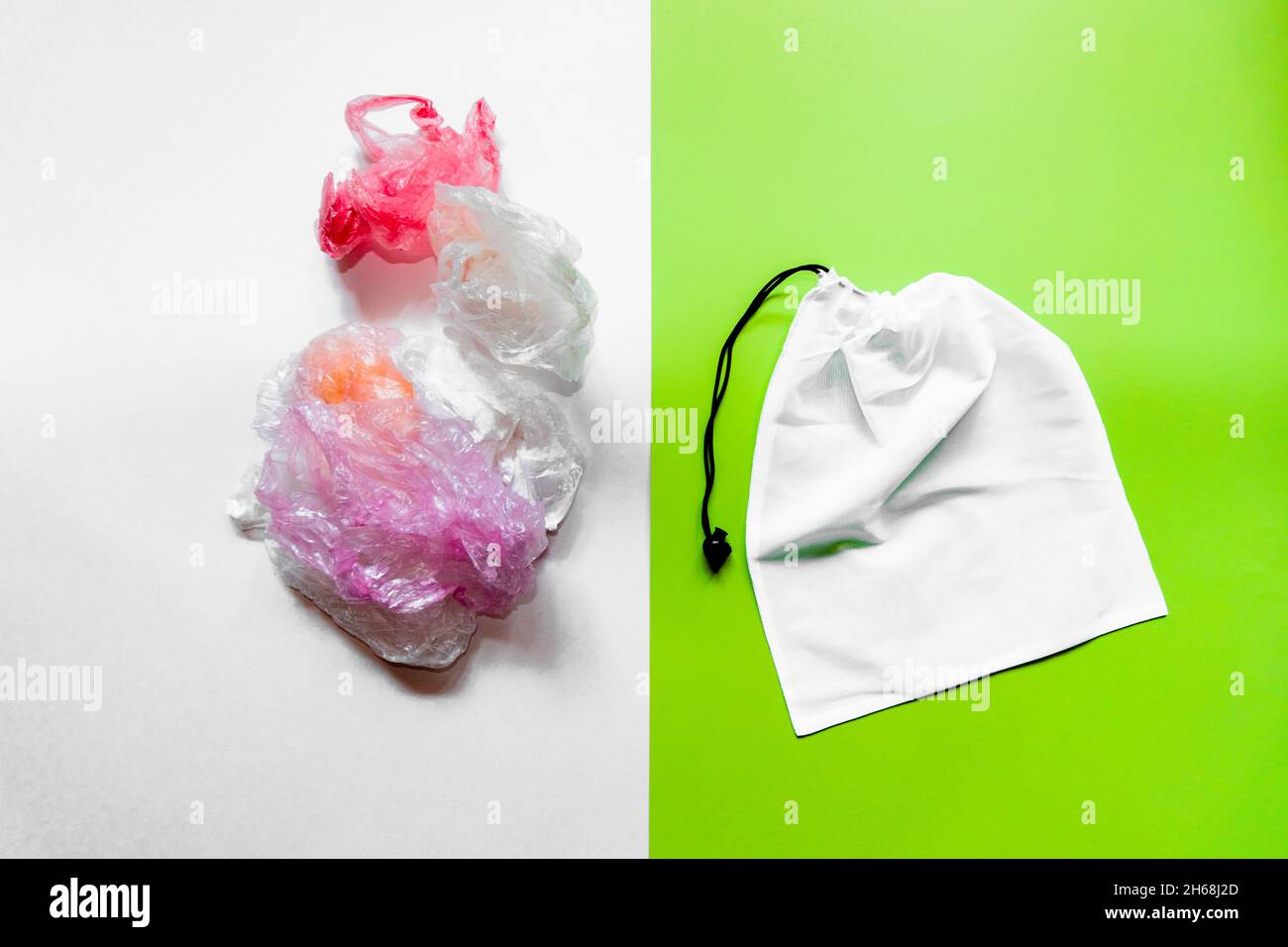 Many plastic disposable bags versus one reusable textile vegetable bag