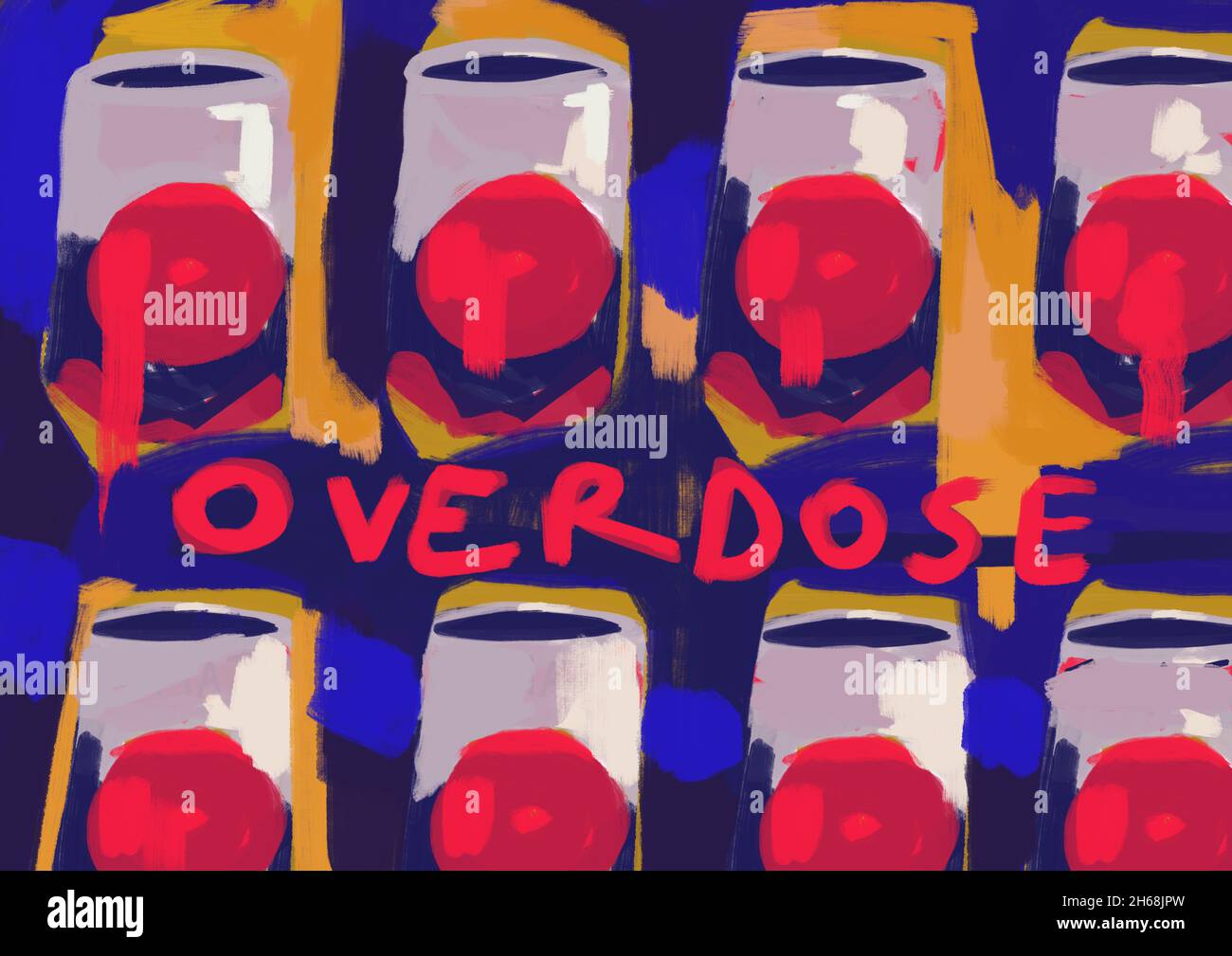 Inventive tomato with overdose text duplicated in the style of Andy Warhol and pop art, mix-media artwork, 80s hip hop graffiti. Gorgeous painting wit Stock Photo