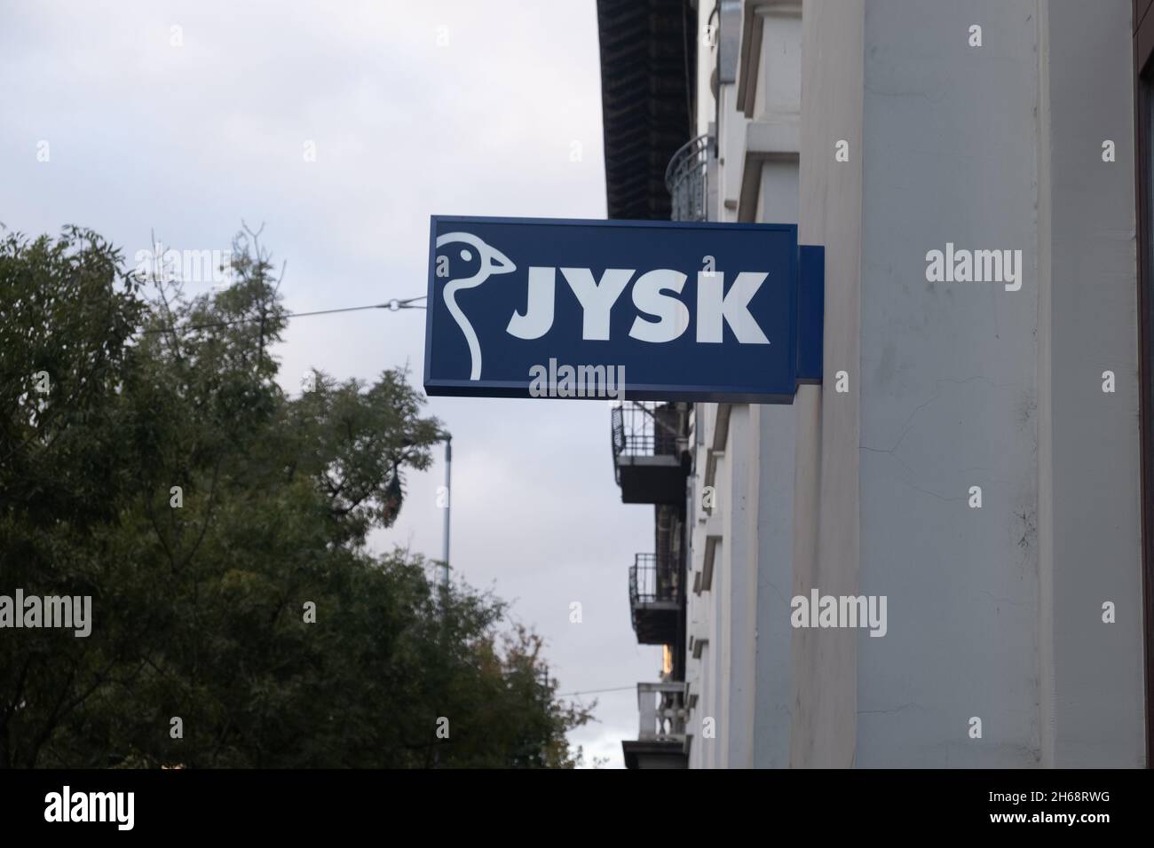 Budapest, Hungary 1 November 2021 Jysk sign symbol on street, close