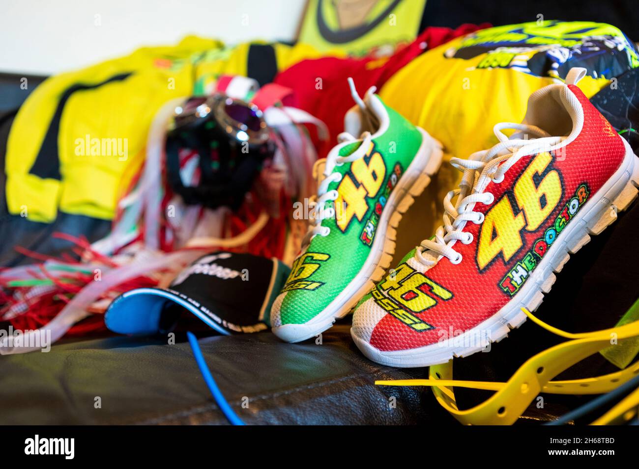 14/11/21 0925 UK: A Valentino Rossi fan prepares her merchandise ready for  appearance on the MotoGP Virtual Fanwall Stock Photo - Alamy