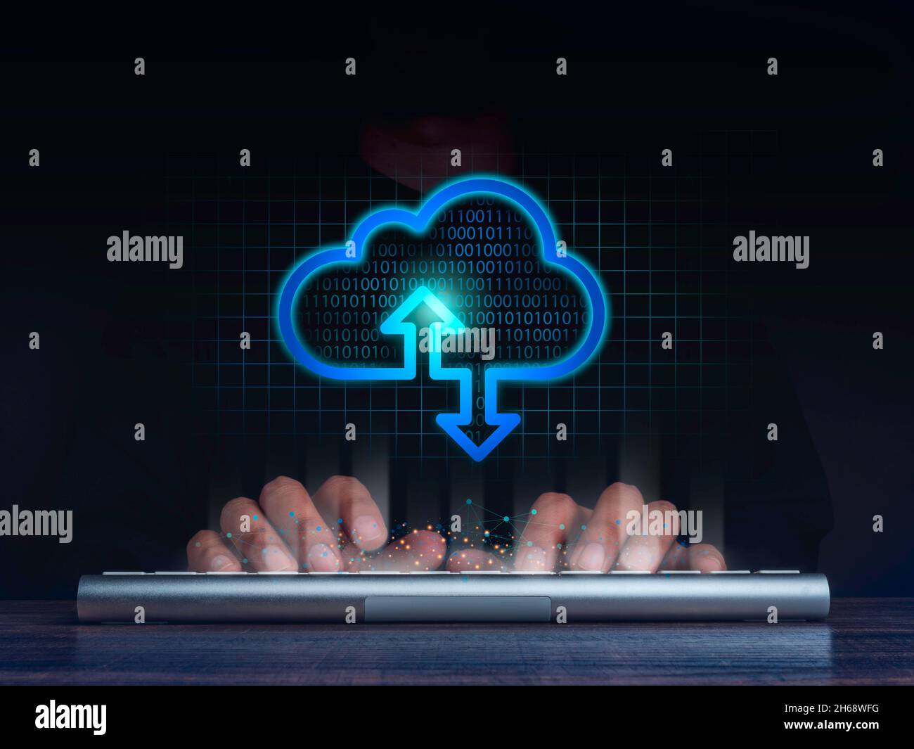 Cloud computing technology internet concept background. Cloud computing icon glowing with digital data and hand working computer on dark background. S Stock Photo