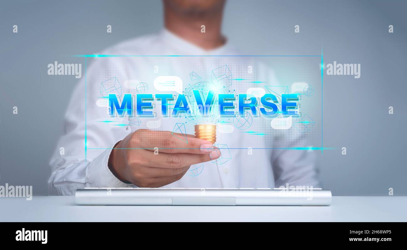 Virtual words 'METAVERSE' with digital geometric elements and social network speech bubble symbols in cyber zone pop up from creative light bulb in ma Stock Photo