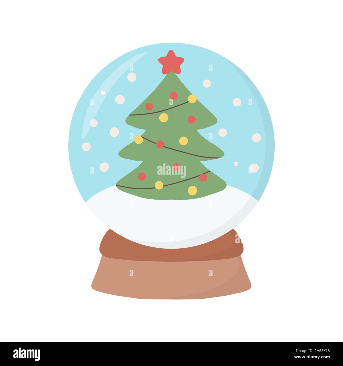 Christmas globe glass with tree and snowflakes in winter. Colored flat ...