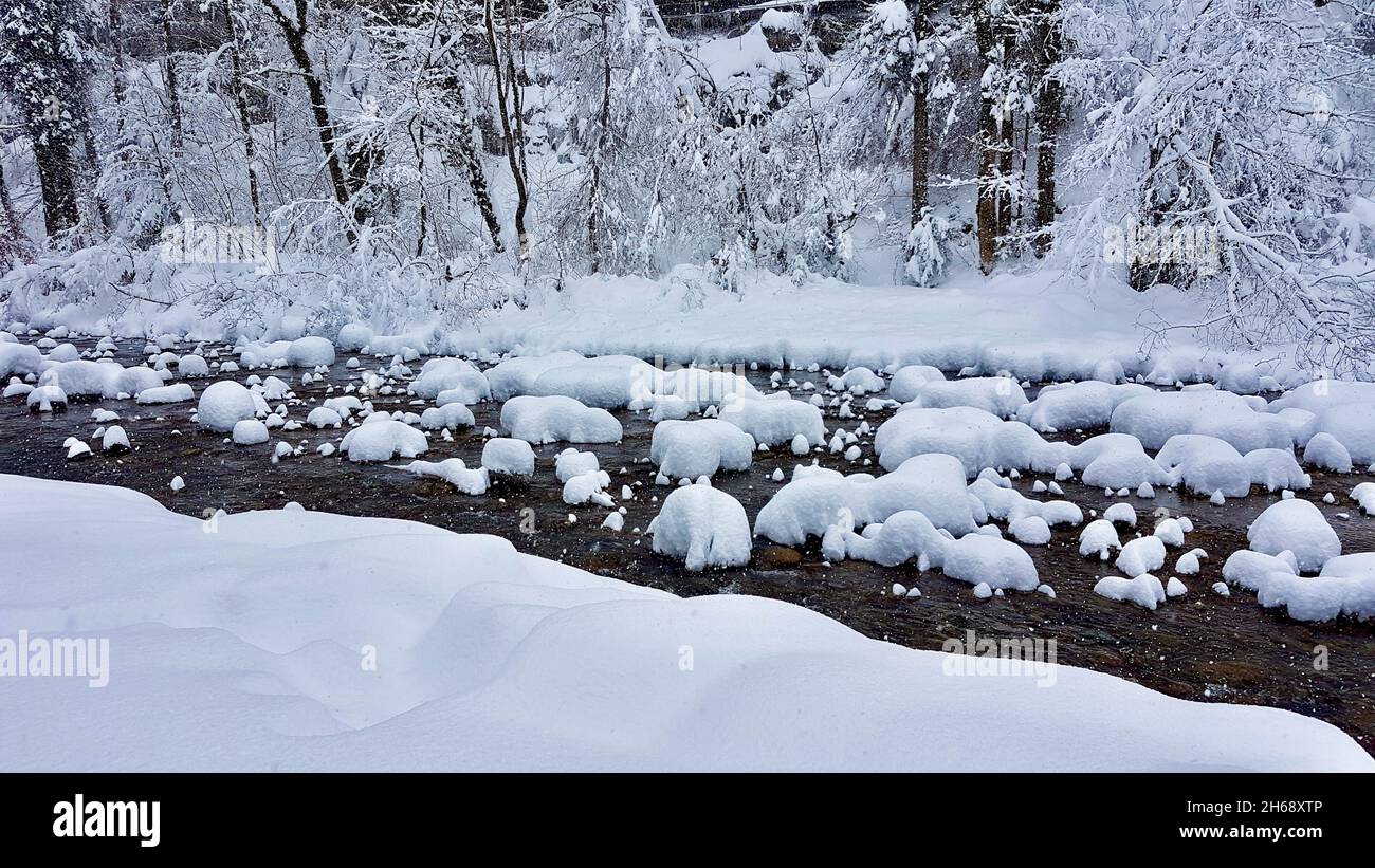 River Frutz covered in deep snow. Vorarlberg, Austria. Stock Photo