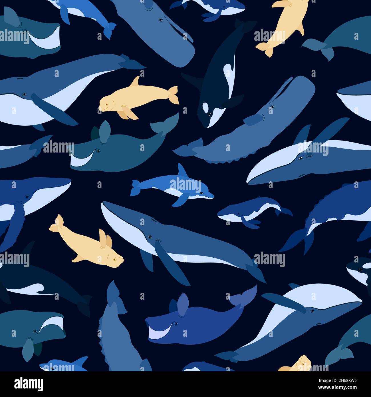 Seamless pattern of whales. Beluga, killer whale, humpback whale, cachalot, blue whale, dolphin, bowhead, southern right whale, sperm hale. Underwater world, Marine. Vector illustration of a whales. Stock Vector