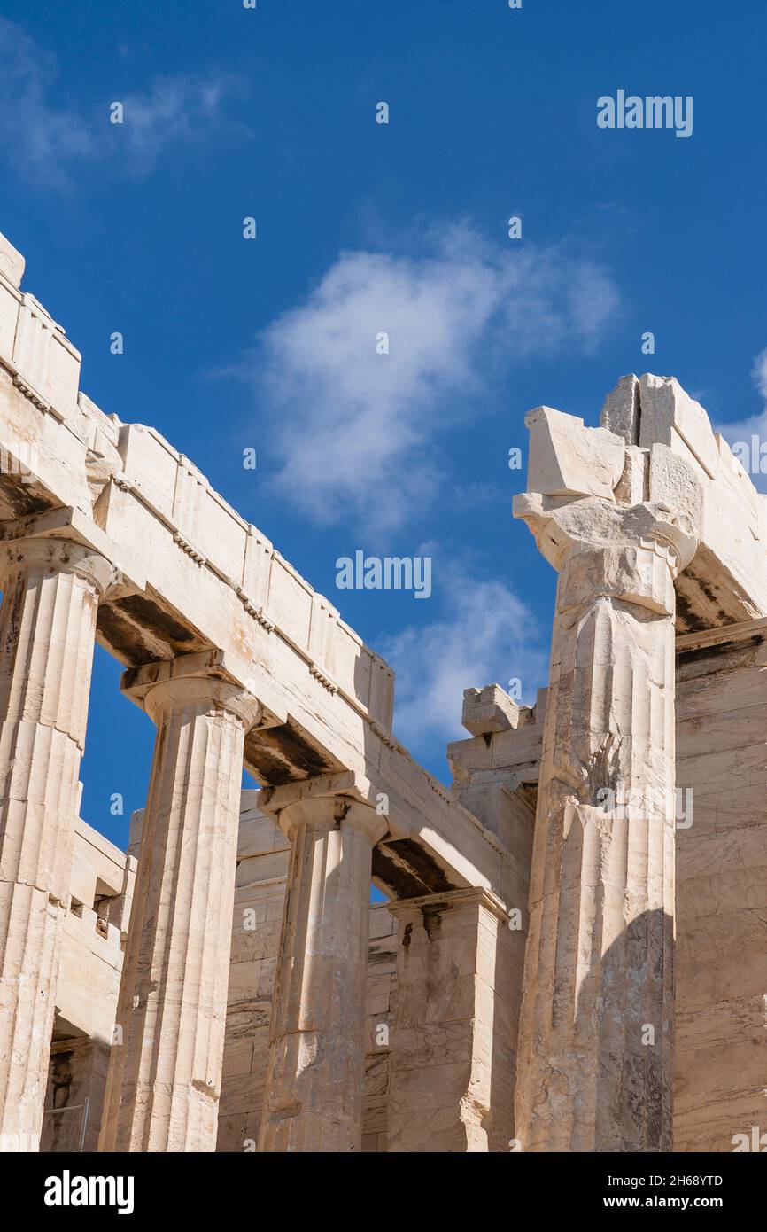 Column and arches of Parthenon located at  Acropolis of Athens.against blue sky. Stock Photo