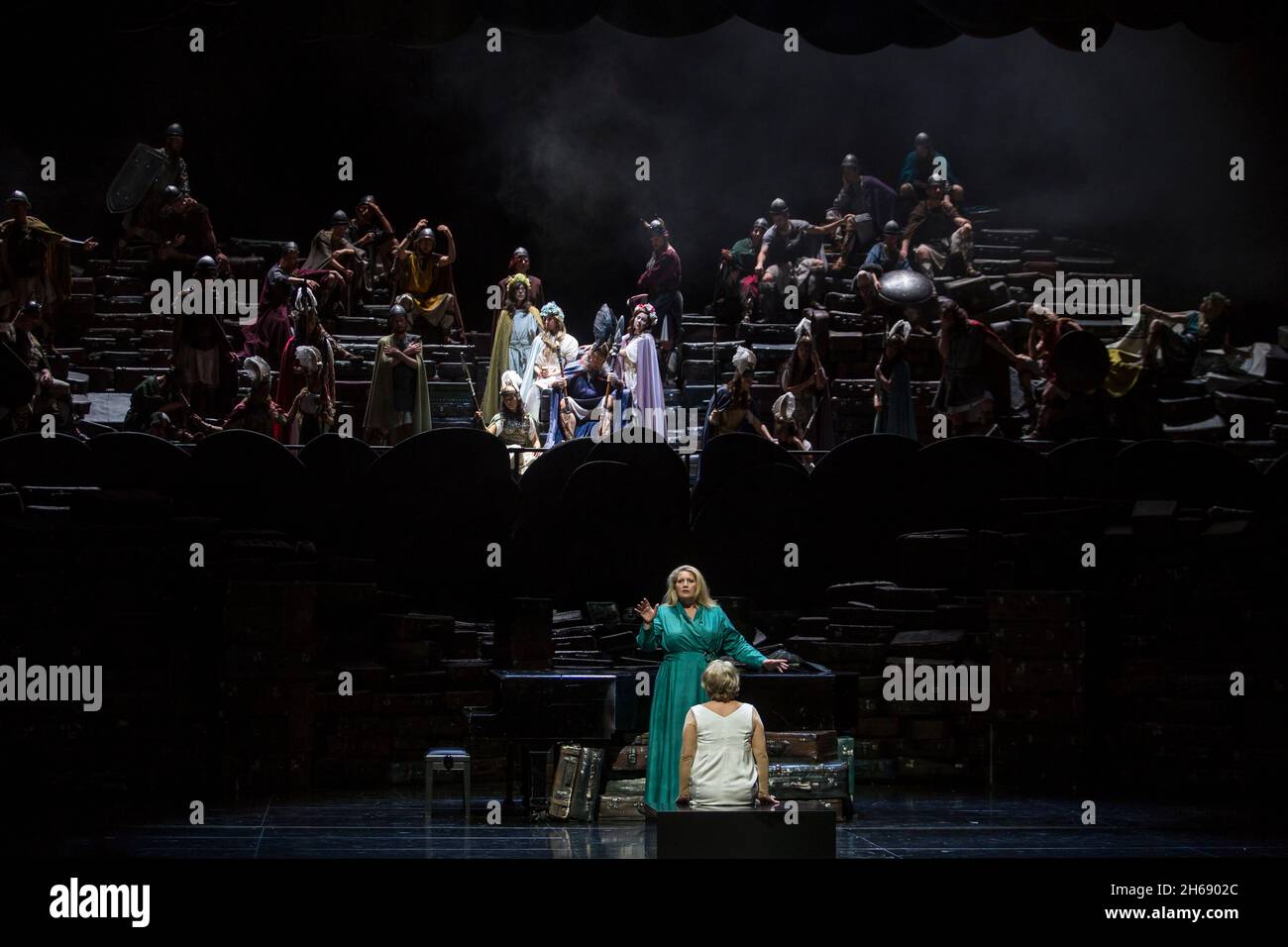 Berlin, Germany. 14th Oct, 2021. Karis Tucker (l) as Wellgunde and Nina Stemme as Brünnhilde (front) stand on the stage of the Deutsche Oper Berlin during a rehearsal for the Wagner opera 'Götterdämmerung'. Credit: Nina Hansch/dpa/Alamy Live News Stock Photo