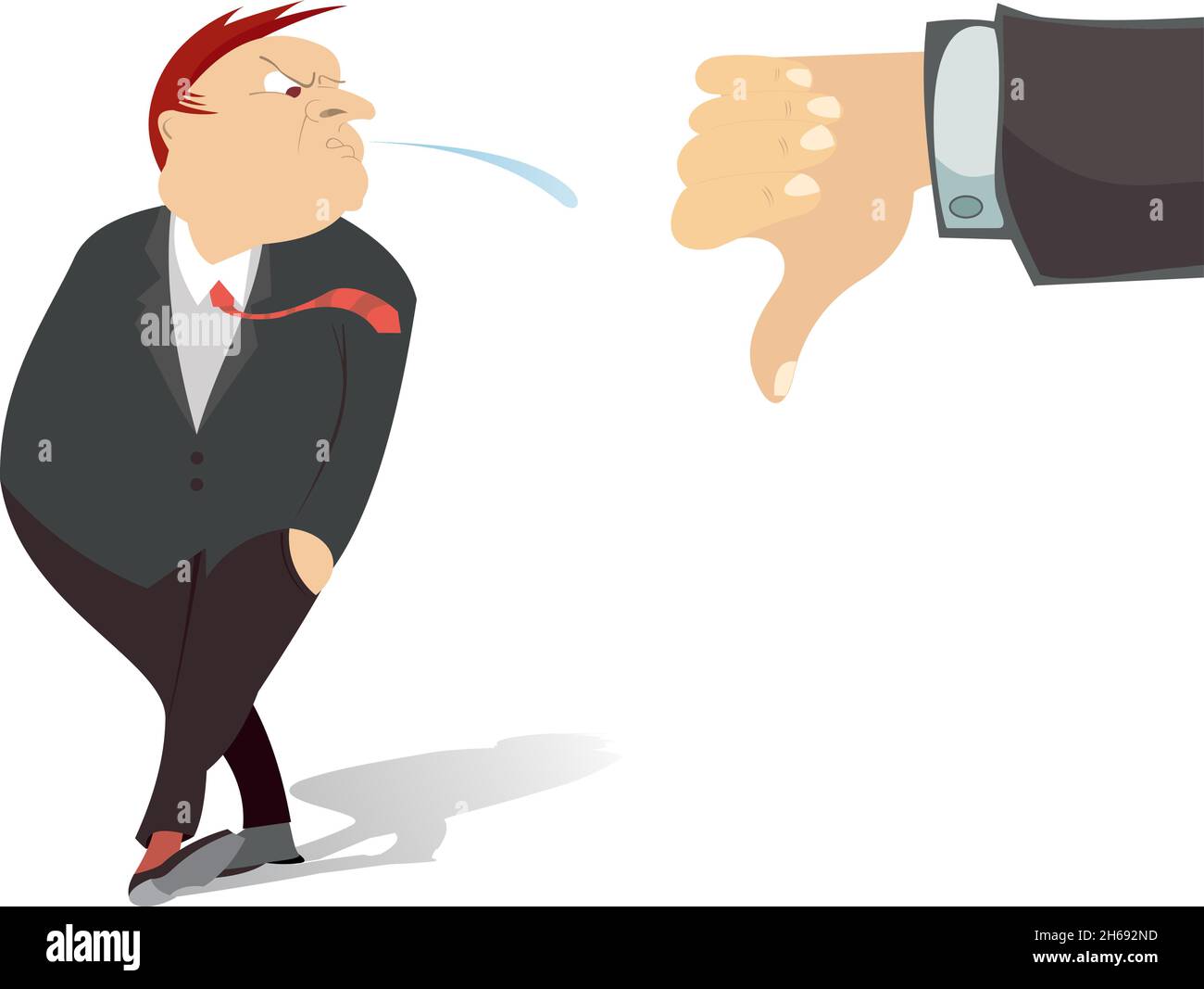 Indignant man spitting to dislikes and negative feedback concept illustration. Angry man shows indignation spitting to hand with thumb down isolated o Stock Vector