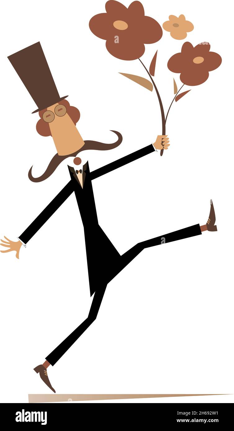 Cartoon walking man with a bunch of flowers illustration. Long mustache