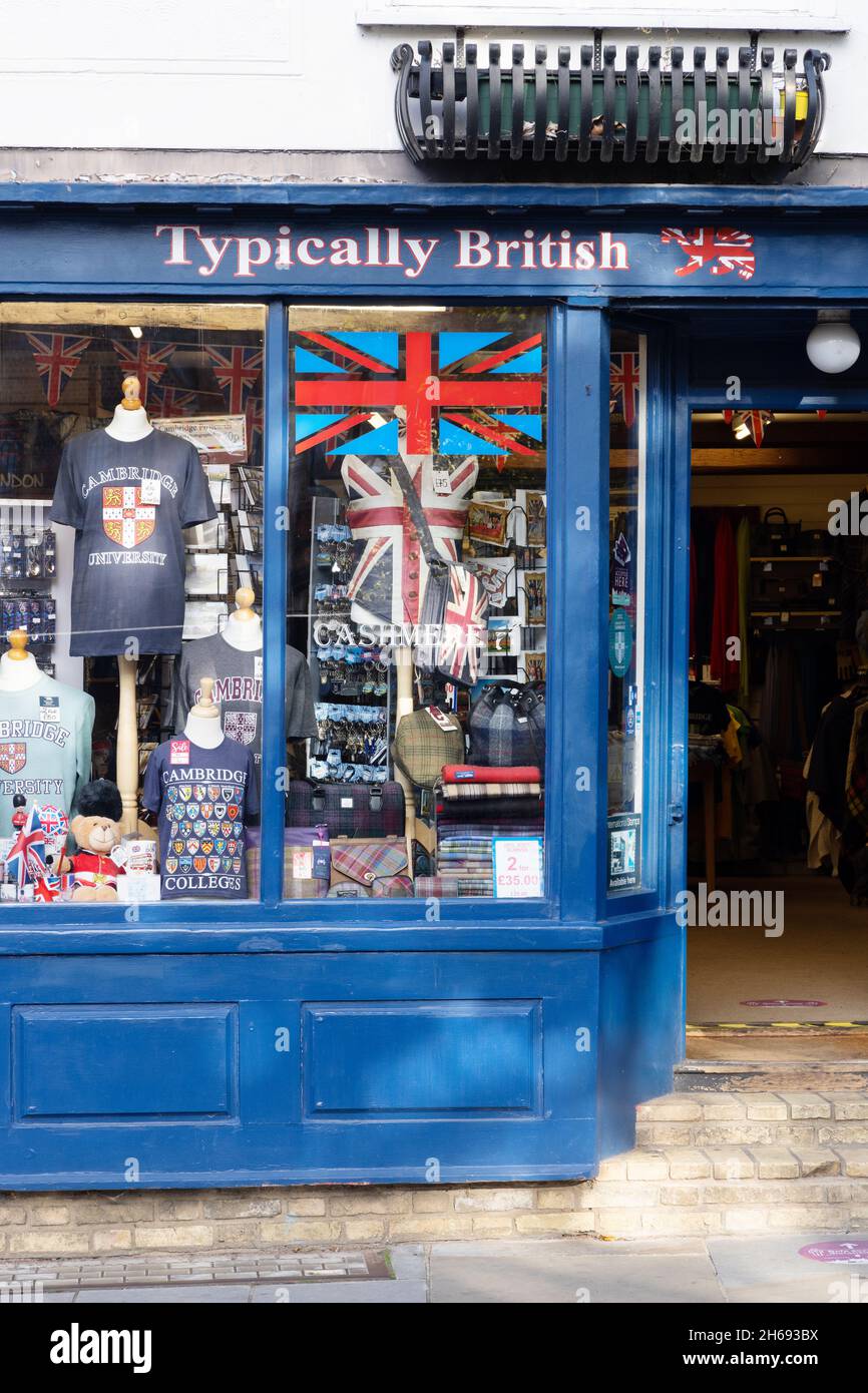 Typically British shop exterior shop window - selling british goods on sale, Bridge St, Cambridge UK Stock Photo