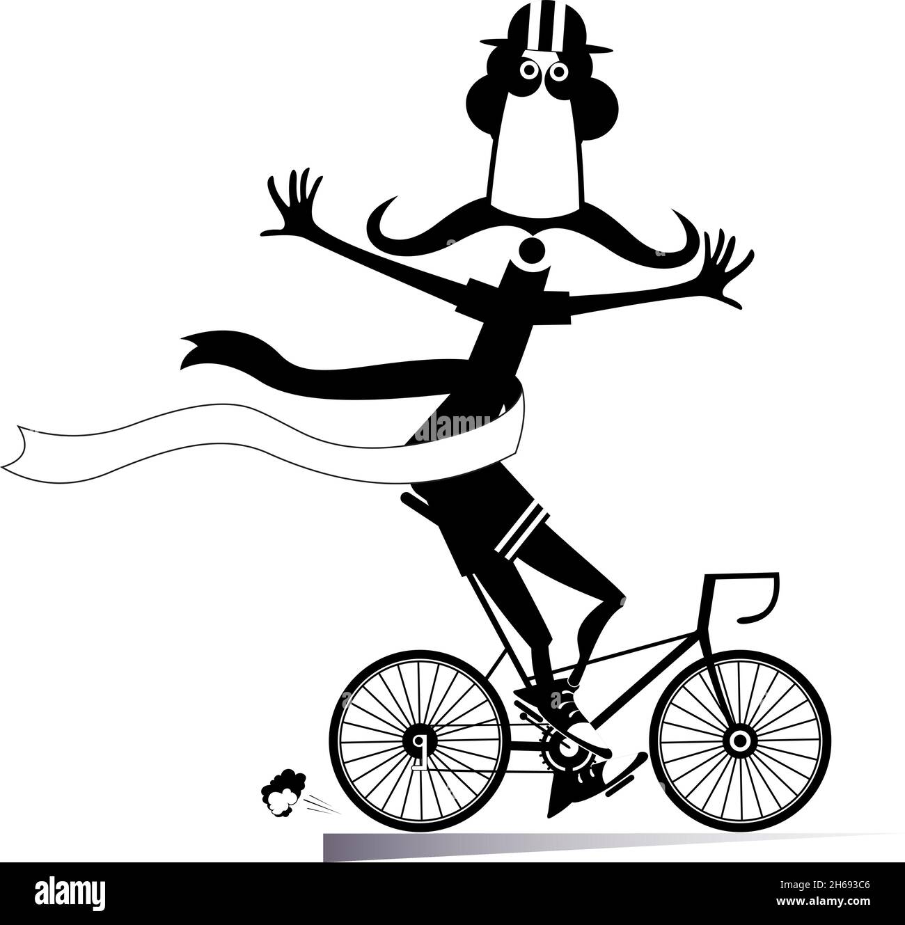 Cartoon man rides a bike and wins the race illustration. Funny long