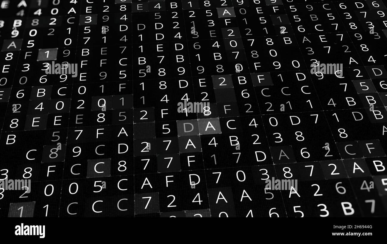 Background of changing numbers and letters. Animation. Black and white