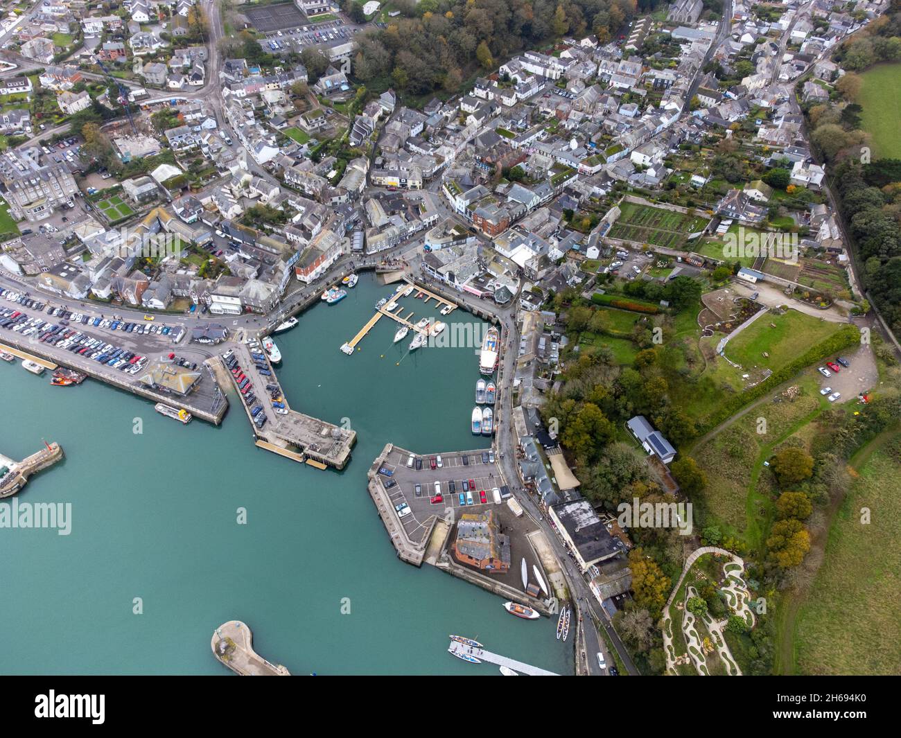 Padstow fishing harbour aerial drone Cornwall England uk Stock Photo