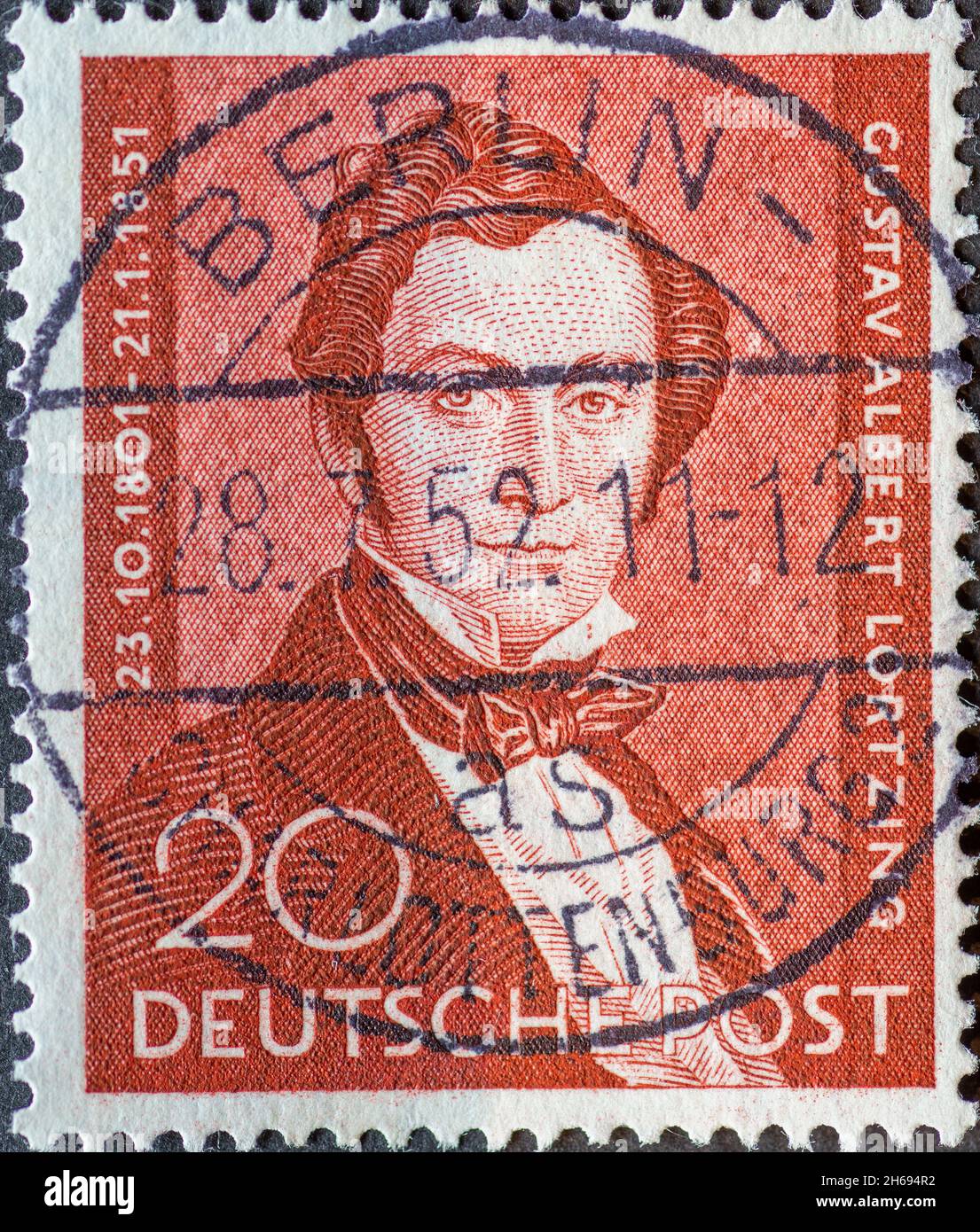 GERMANY, Berlin - CIRCA 1949: a postage stamp from Germany, Berlin in brown color showing a portrait of Gustav Albert Lortzing. 100th anniversary of d Stock Photo