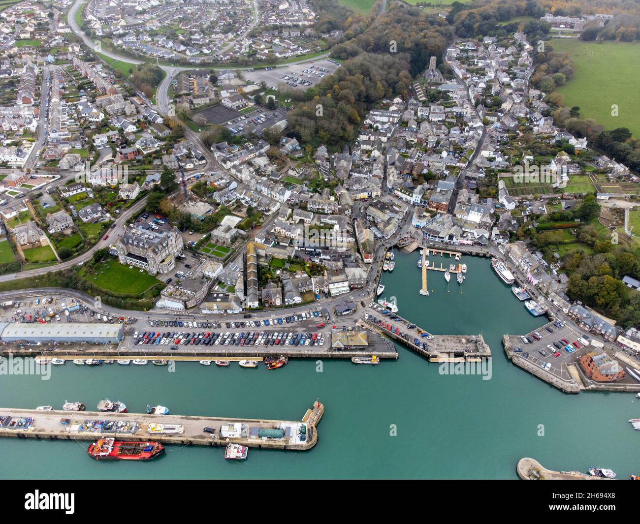Padstow fishing harbour aerial drone Cornwall England uk Stock Photo